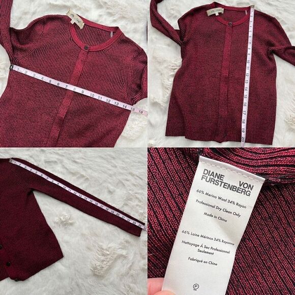 Diane Von Furstenberg Metallic Merino Wool Blend Cardigan Sweater Red P / XS - Picture 11 of 11